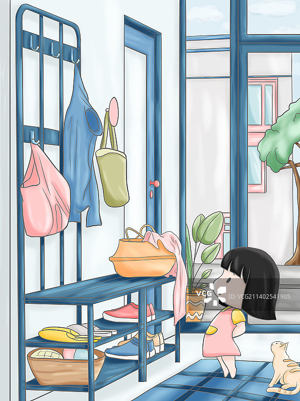 玄关处踮起脚尖的小女孩图片素材