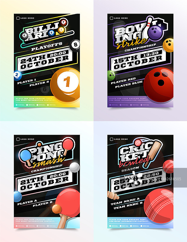 台球、保龄球和乒乓球运动宣传单广告图片素材