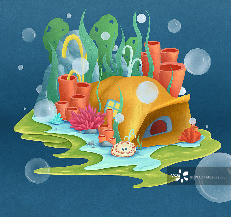 海底贝壳海藻水草气泡石头图片素材