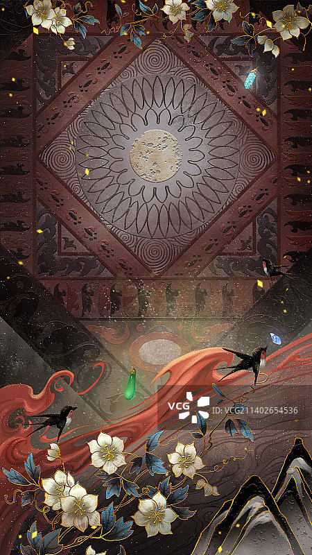 古风厚涂卷草纹藻井背景图片素材