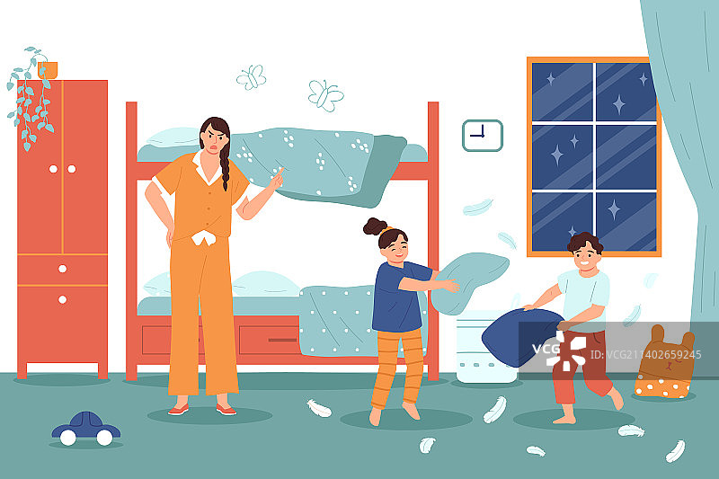 枕头大战扁平插画图片素材