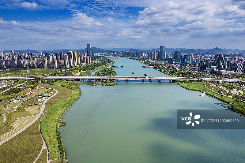 浙江省绍兴市上虞区-上虞城市风光-曹娥江一江两岸图片素材