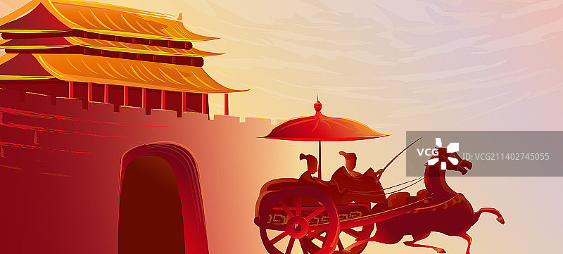 中国风建筑古城古人出城图插画图片素材