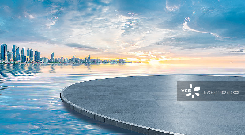 海滨城市日出风光道路平台图片素材