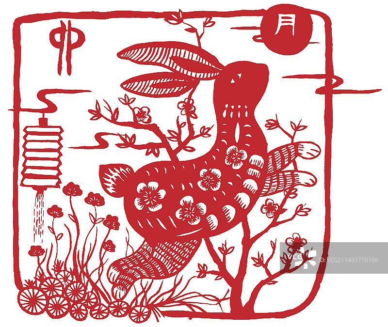 手绘非遗剪纸兔子灯笼图片素材