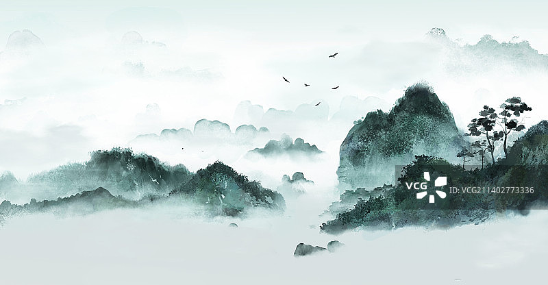 大气绿色意境水彩山水画图片素材