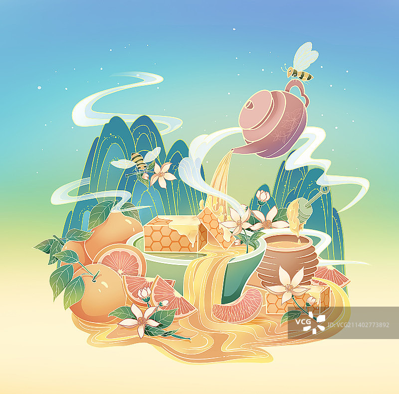 蜂蜜柚子茶国潮风插画图片素材
