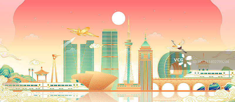 吉林长春城市天际线建筑插画图片素材