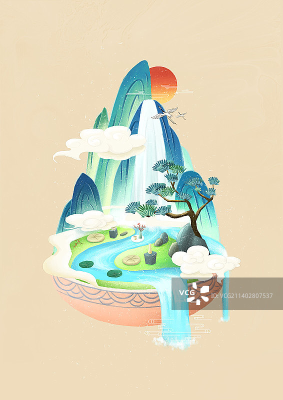 碗中有水流石头草地树木山瀑布曲水流觞图片素材