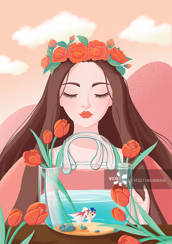 粉色鲜花女神日常插花养鱼图片素材