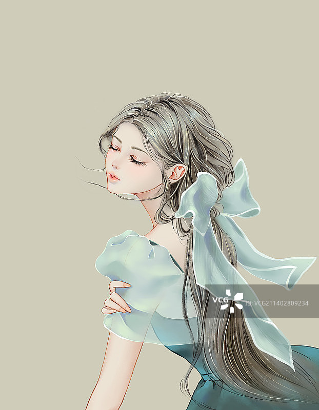 穿绿色连衣裙的美丽少女图片素材