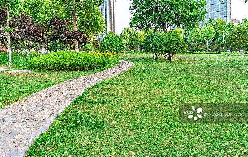 中国城市道理和野生植物拍摄主题，延伸的人行道和绿色的花坛和草坪，户外无人图像摄影图片素材