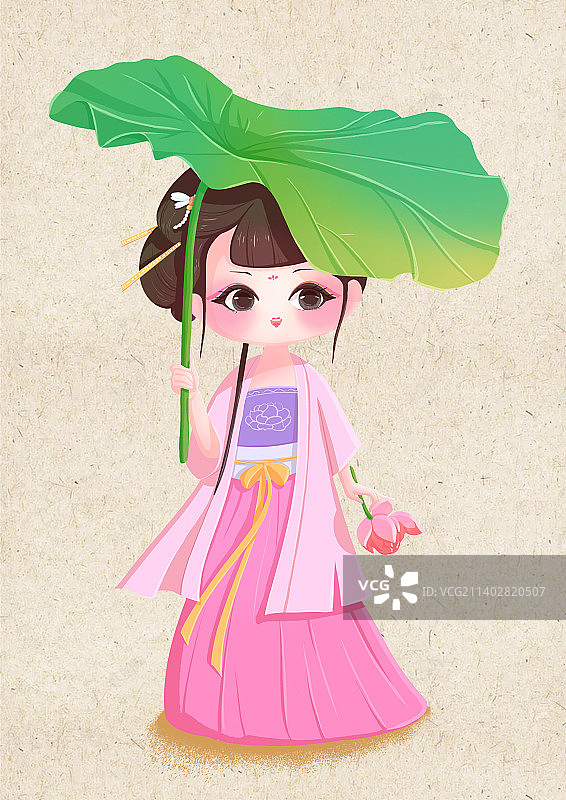 古风女孩可爱q版夏天荷叶插画图片素材
