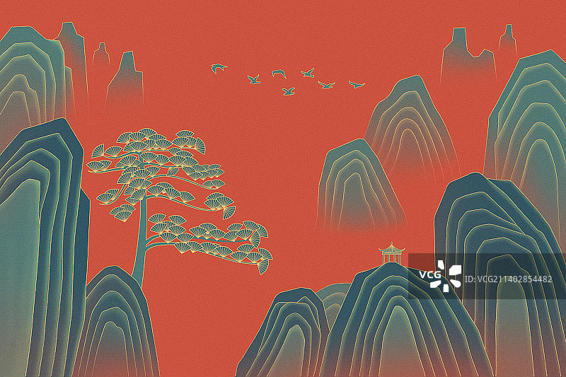 中国风国潮风迎客松山水插画，中国传统文化喜庆，新年春节金融汽车行业房地产高端庆典宣传图片素材