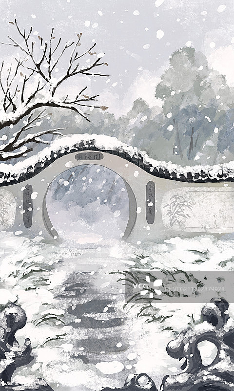 冬至节气插画苏州园林分层图片素材