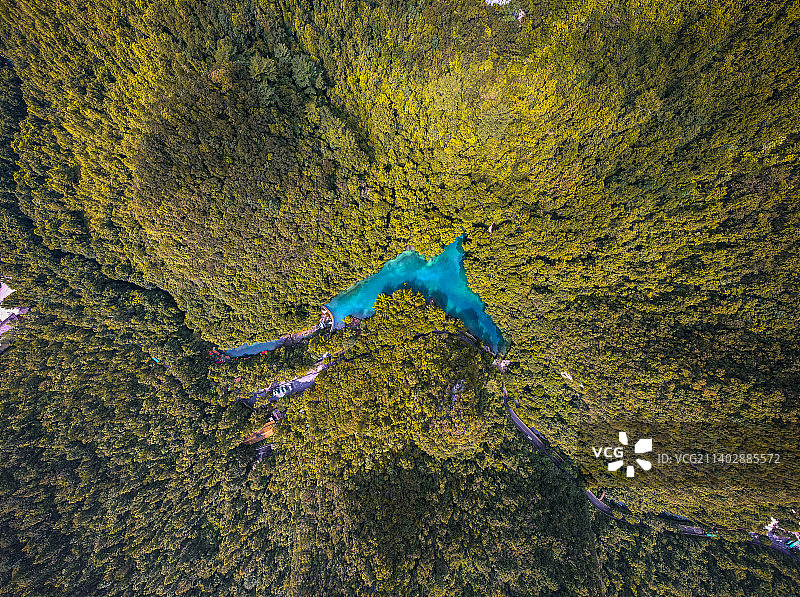 贵州省黔南州荔波县小七孔景区卧龙潭秋季户外航拍正上方视角图片素材