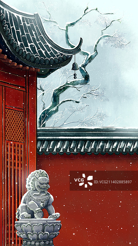 园林雪景节气古风插画图片素材