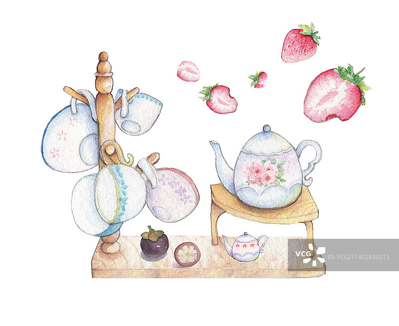 放在木桌子上的水果和茶具图片素材