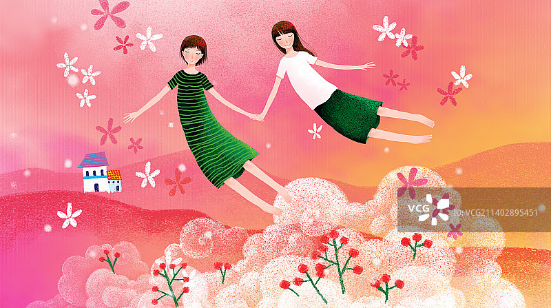 手牵手飞入云层的女孩图片素材