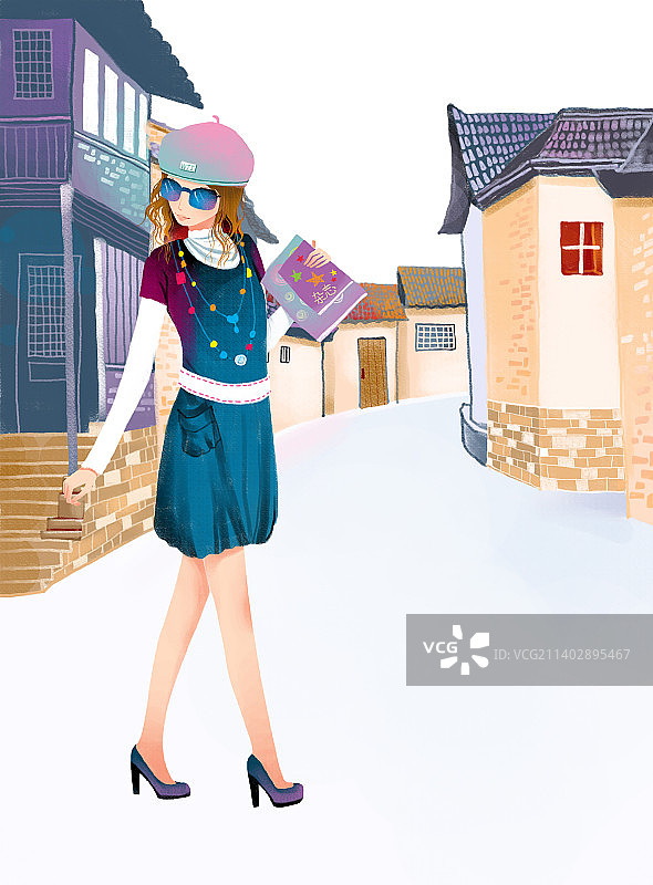 站在房子旁边的女人的全身肖像图片素材