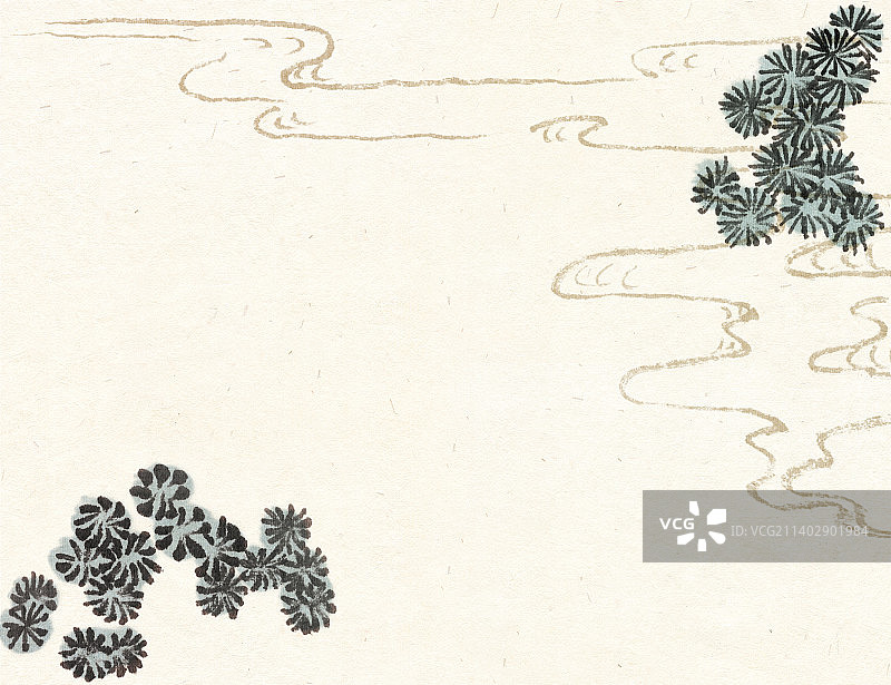 水墨山水祥云松针背景留白壁纸插画图片素材