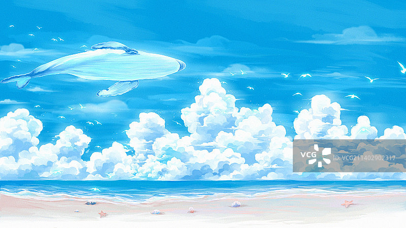 蓝天白云海边鲸鱼治愈系插画背景图片素材