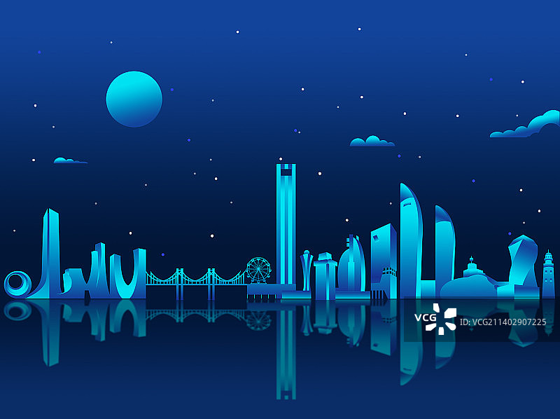 厦门海上城市高楼摩天轮渐变简约图图片素材