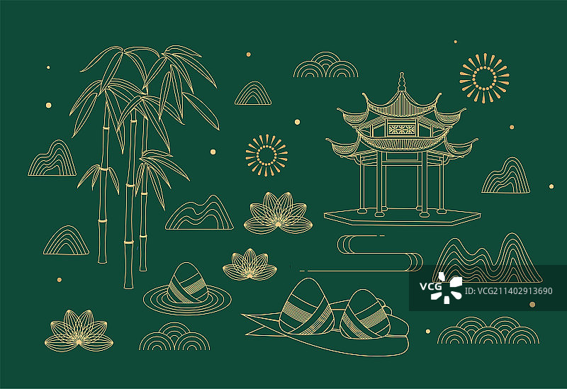 端午节粽子赛龙舟新中式线描矢量插画海报图片素材