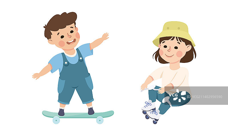 踩着旱冰鞋的小男孩和小女孩图片素材