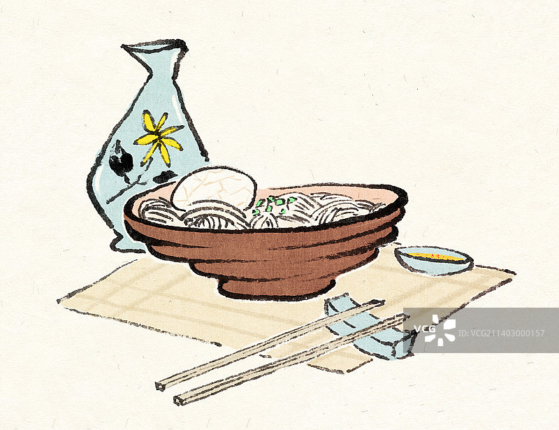 一碗面加鸡蛋美味早餐面食静物水墨国画图片素材