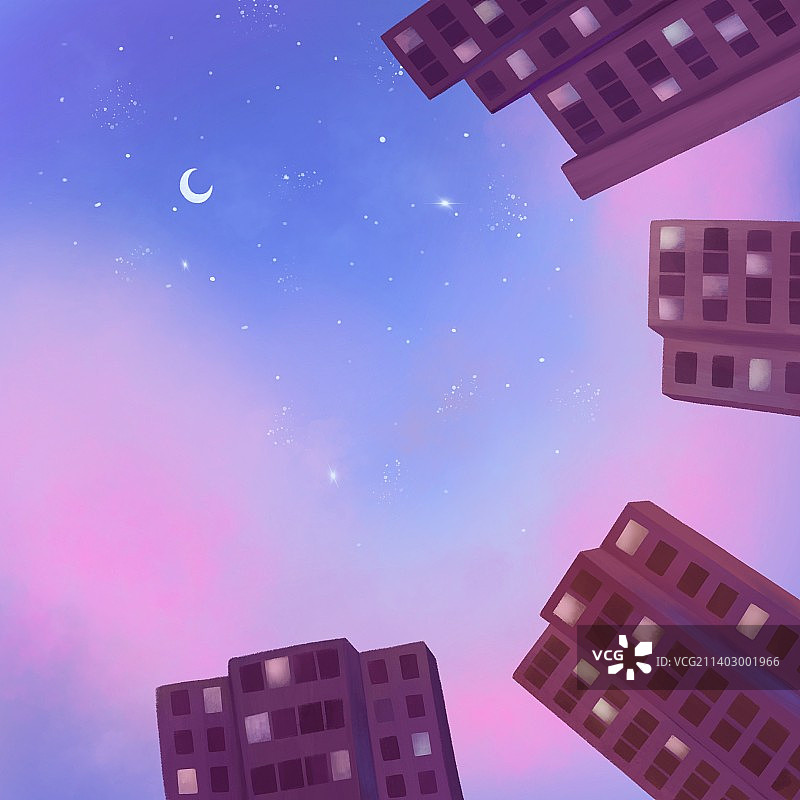 夜晚仰视粉色天空风景插画图片素材