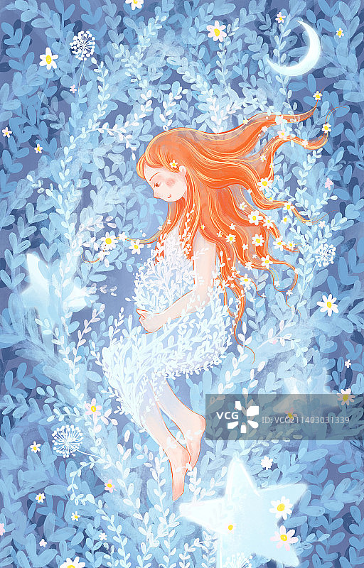 花丛草丛中躺着的怀孕妈妈星月手绘插画图片素材