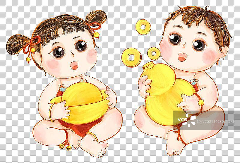 抱着金元宝的福娃女孩与抱着金葫芦的男孩国潮插画图片素材