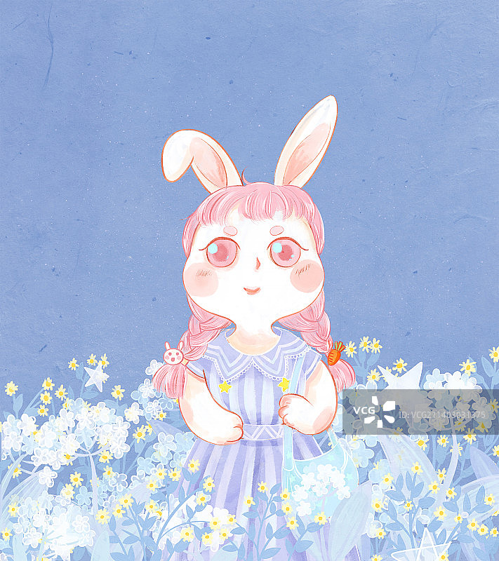 兔年可爱兔子女士与菊花花丛手绘插画图片素材
