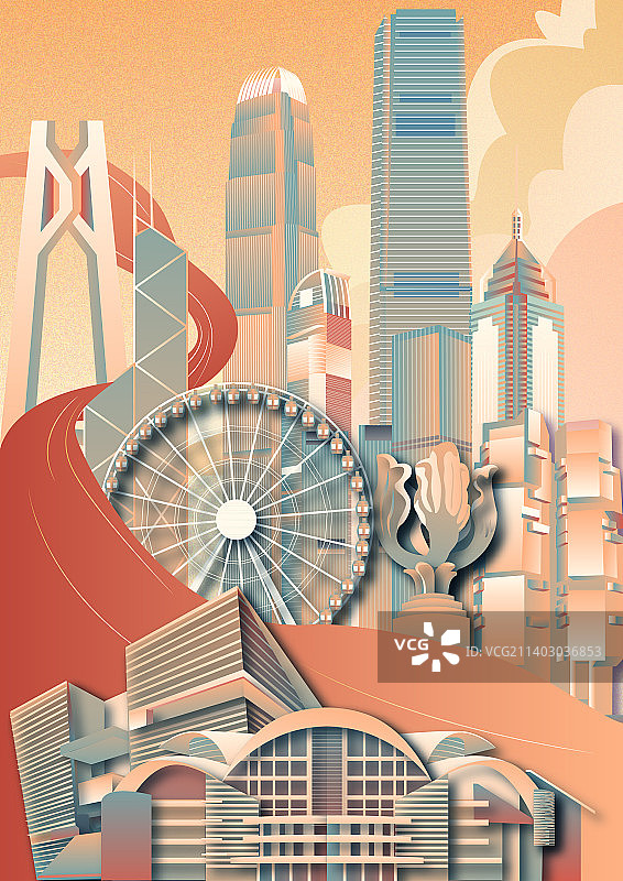 国庆香港地标建筑群矢量节日插画图片素材