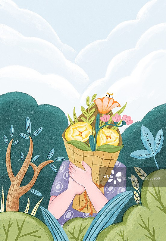 竖版丝网印刷扁平风格树林中抱着鲜花的女生图片素材