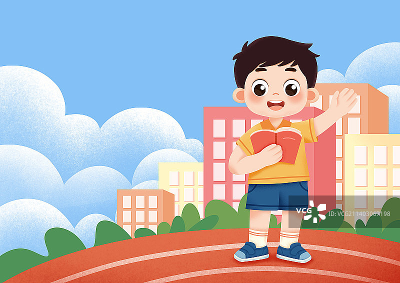 可爱的男孩在学校操场的男孩演讲图片素材
