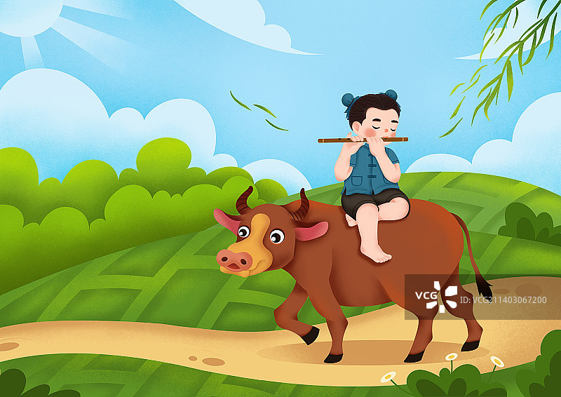坐在水牛上的吹笛子的牧童图片素材
