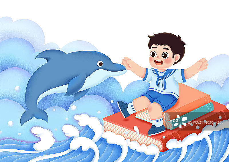 可爱的小男孩在知识的海洋上和海豚玩耍图片素材
