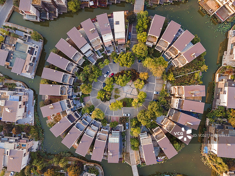 中国天津东丽湖万科城别墅区航拍图俯视图图片素材
