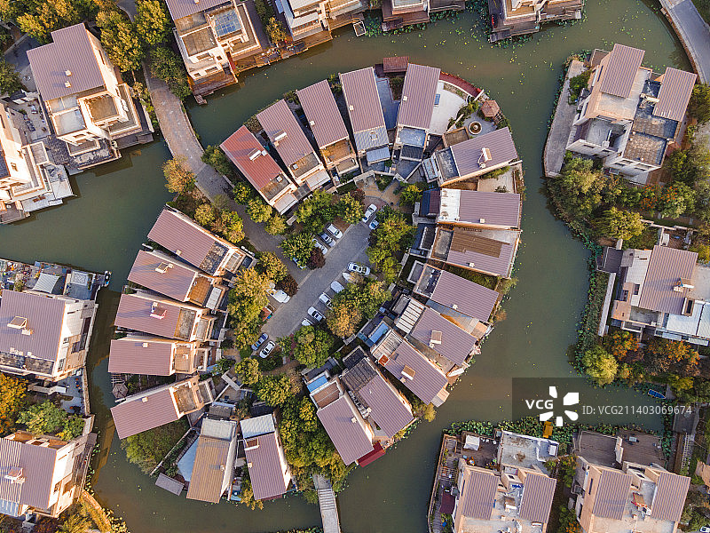 中国天津东丽湖万科城别墅区航拍图俯视图图片素材