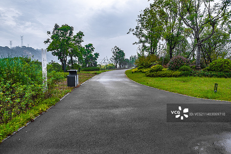 浙江杭州千岛湖 新安江畔 树林中的 塑胶徒步道图片素材