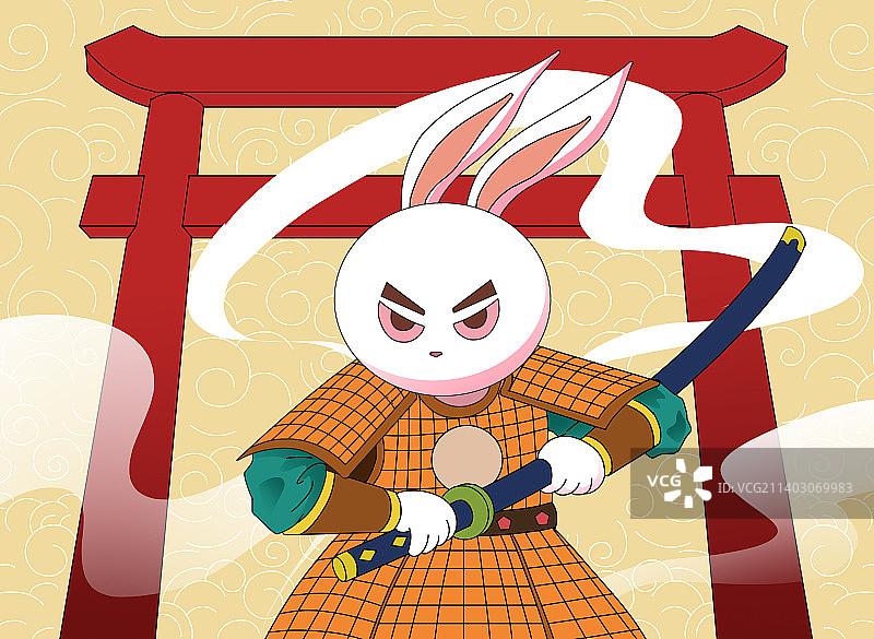 2023年兔年兔子拟人化武士盔甲甲胄勇士打斗动作插画图片素材