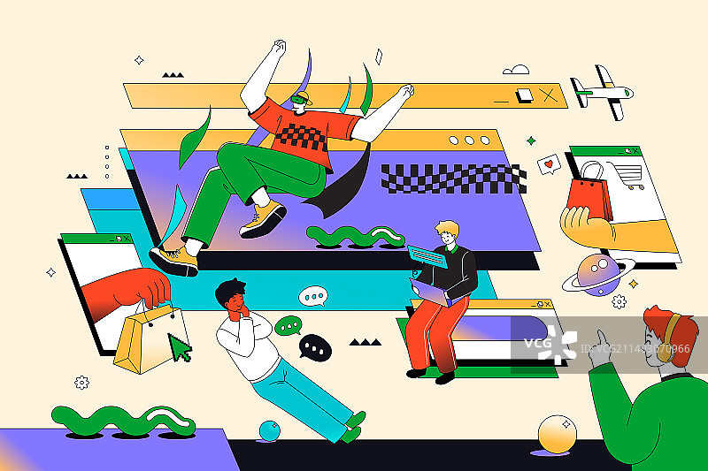 卡通电商促销网购消费商城购物节商务招商招聘职业VR虚拟现实娱乐休闲科技概念渐变矢量插画图片素材