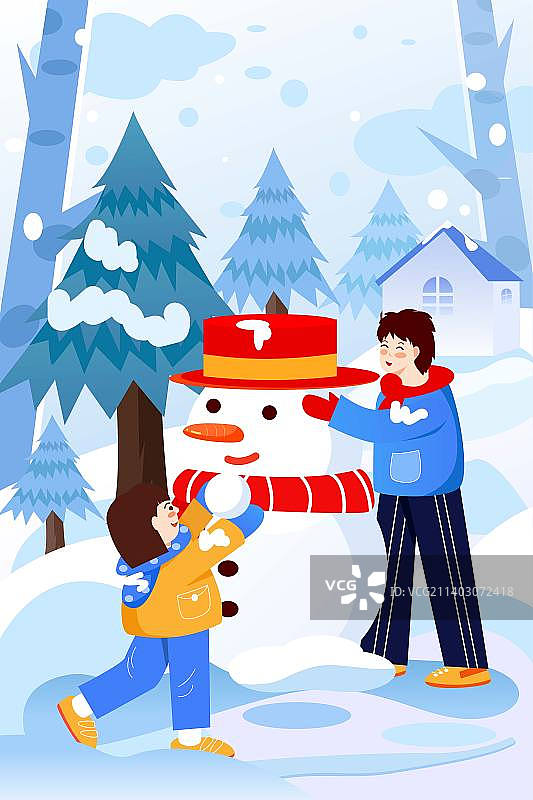 卡通节日节气冬天冬季季节大雪小雪立冬小寒大寒亲子户外风景玩耍电商宣传促销广告电子商务线上扁平矢量插图图片素材