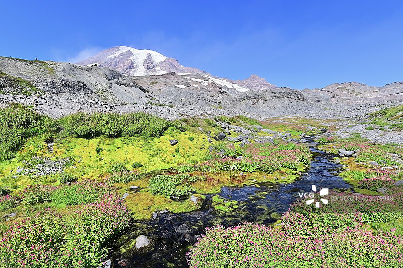 华盛顿雷尼尔山国家公园蓝天下群山美景图片素材
