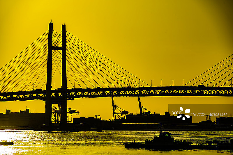 包裹在晨光中的横滨海湾大桥图片素材