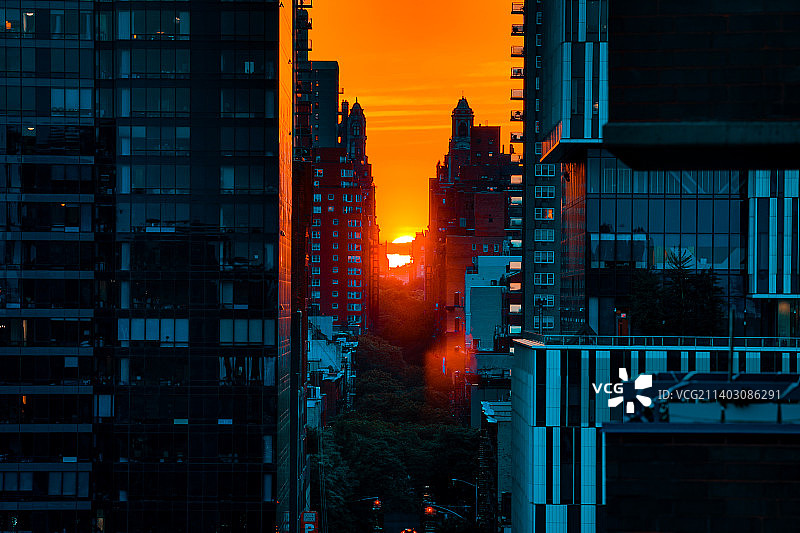 美国纽约：日落时分仰视建筑群图片素材