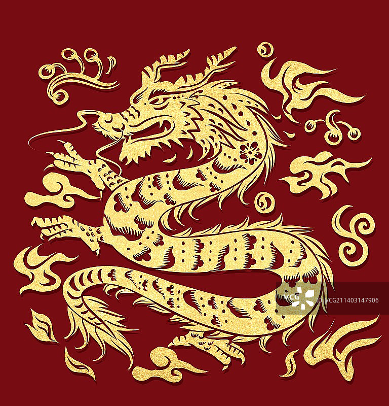 十二生肖剪纸金色龙图片素材