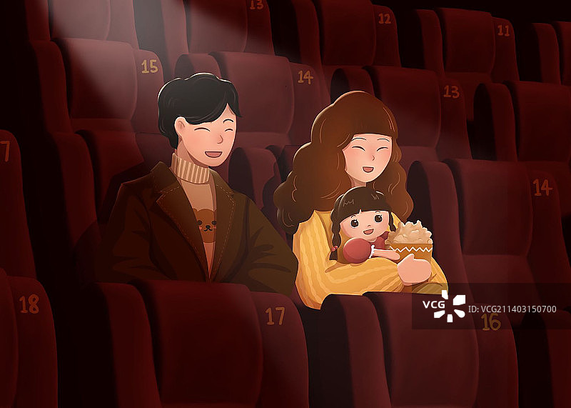 一家三口看电影插画图片素材